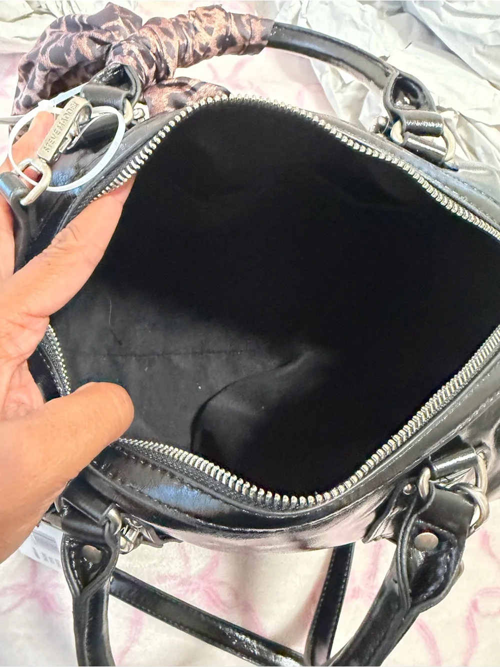 Steve Madden Black Patent Leather Satchel with Leopard Scarf